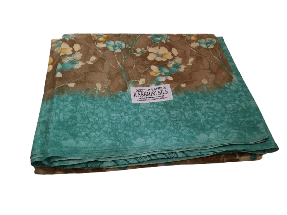 Green and Brown Floral Print Pure Kashmir Silk Saree With Blouse Piece