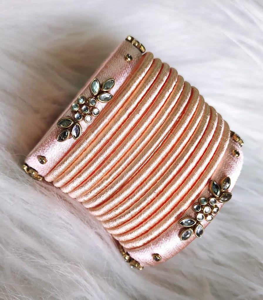 Peach Silk Thread Bangles with Kundan Stones for Women