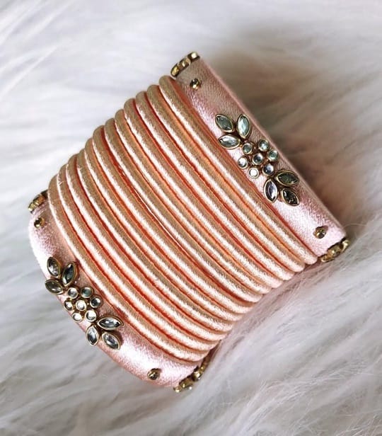 Peach Silk Thread Bangles with Kundan Stones for Women