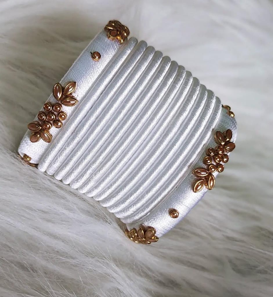 White Silk Thread Bangle Set with Golden Beads and Flower Design