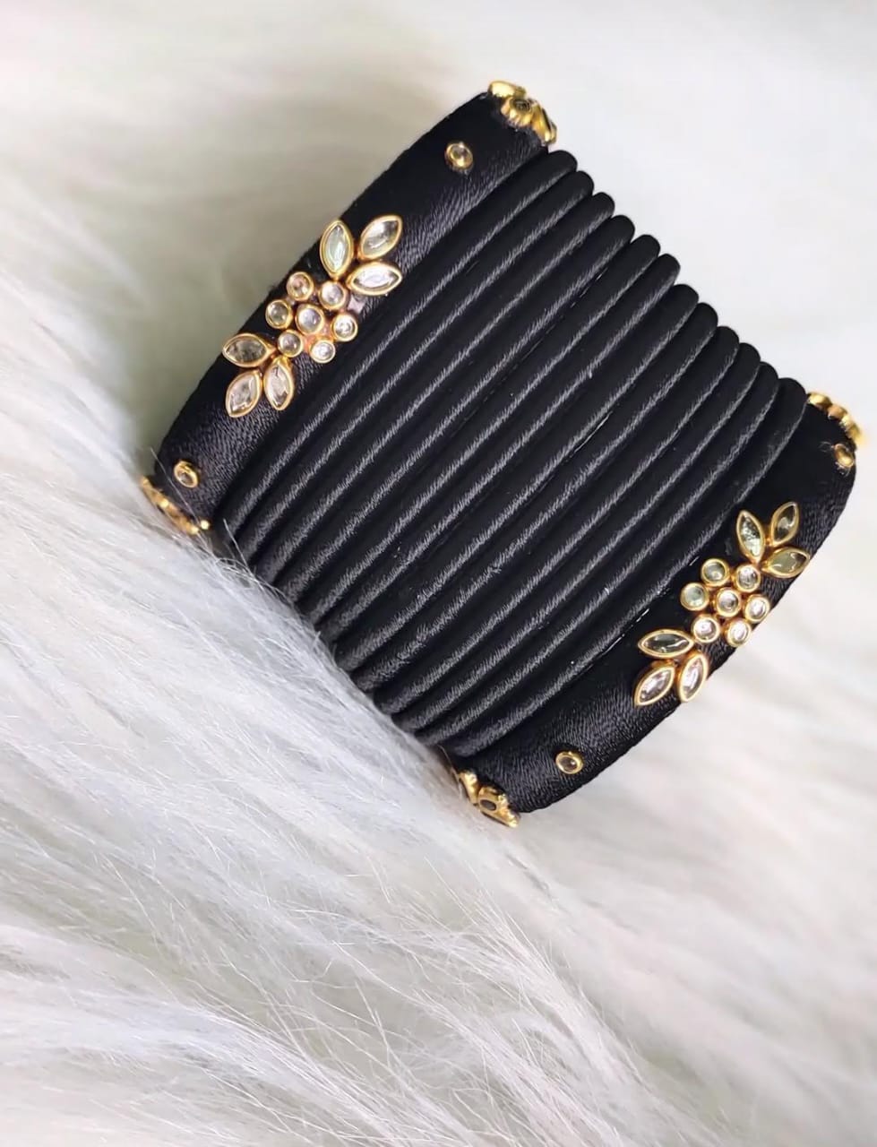 Black Silk Thread Bangle Set with Stone and Pearl Embellishment
