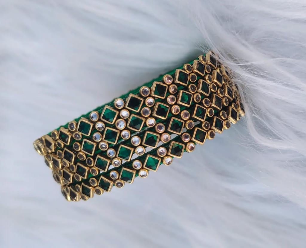 Gold Plated Green Bangle Set with Kundan Stones for Women