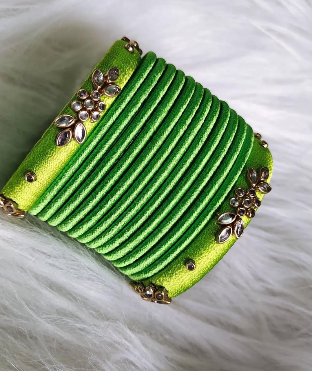 Green Silk Thread Bangle Set with Stone Work for Women