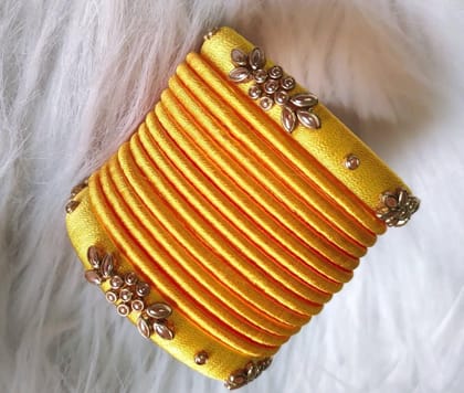 Yellow Silk Thread Bangle Set with Stone and Pearl Embellishment