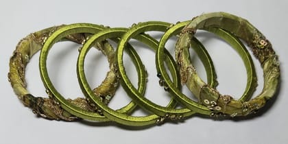 Green Silk Thread Bangle Set with Stone and Pearl Embellishment
