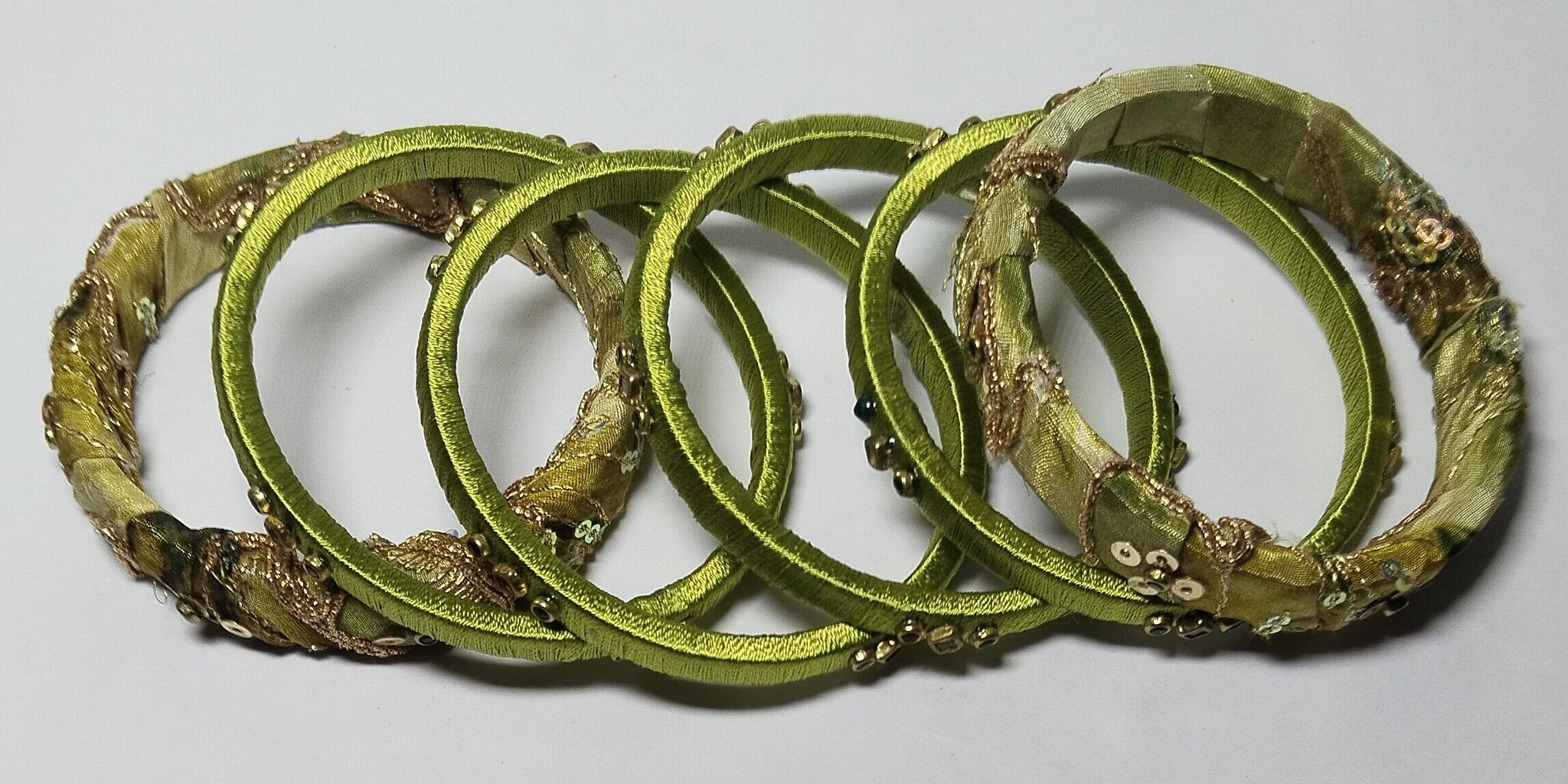 Green Silk Thread Bangle Set with Stone and Pearl Embellishment