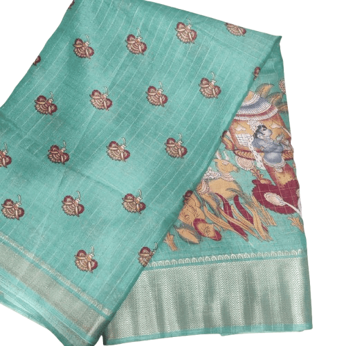 Green Color Pure Linen Saree with Blouse piece - Sarees | Buy online on ZillyBuy