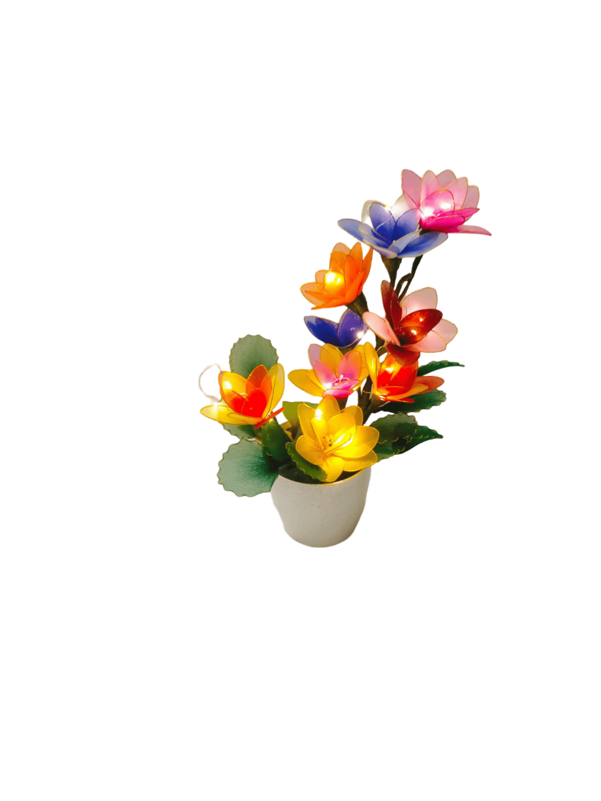 Handmade whitePot with multicolour flowers with lights