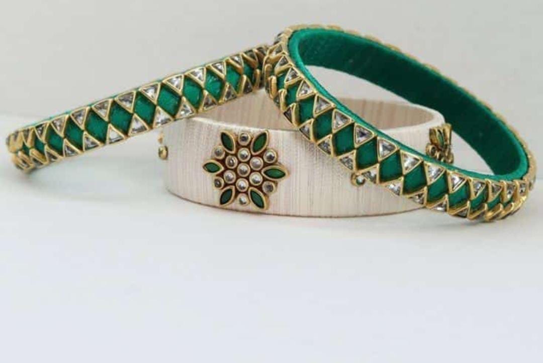 Set of 2 Bangles with Kundan and Meenakari work in Green and White color