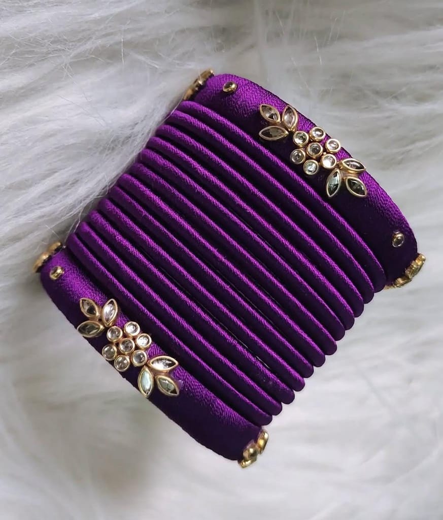 Title: Purple Silk Thread Bangle Set with Rhinestone Accents