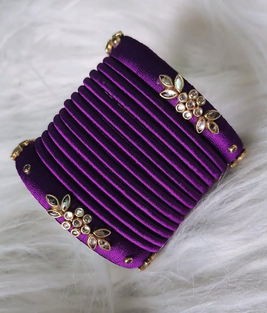 Title: Purple Silk Thread Bangle Set with Rhinestone Accents