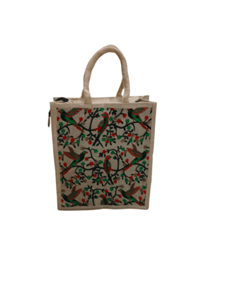 Hand Embroidered Jute Tote Bag with Colorful Bird Design Hand Embroidered Jute Tote Bag with Colorful Bird Design