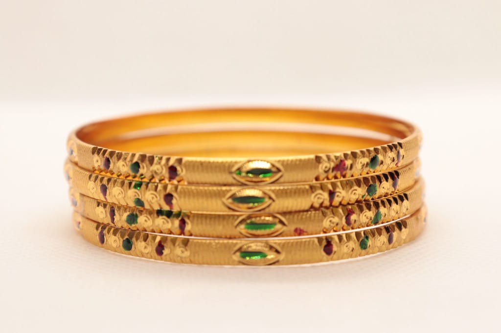 Gold Plated Bangles with Green and Red Stones of 4 Piece Set - Bangles & Bracelets | Buy online on ZillyBuy
