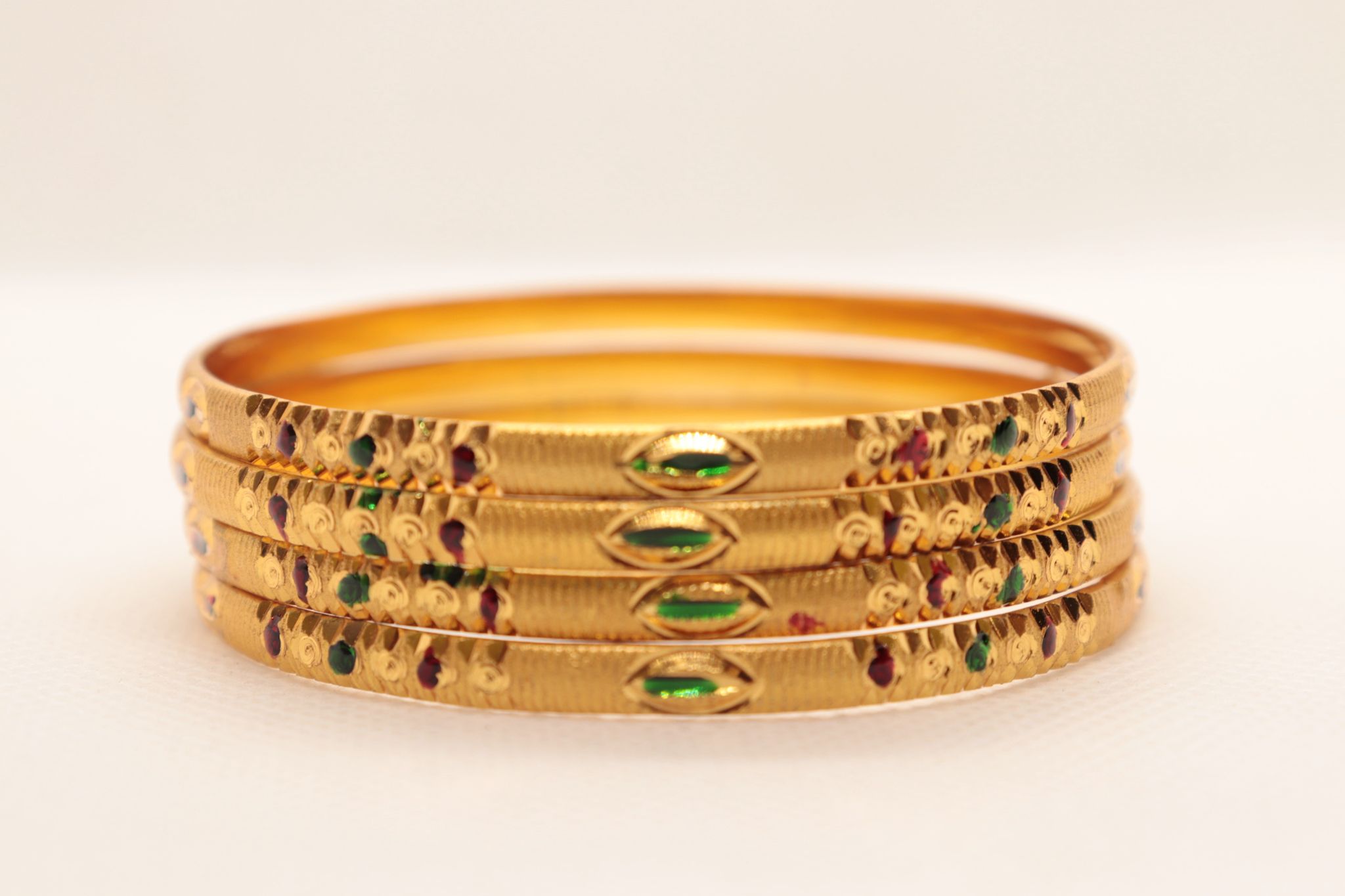 Gold Plated Bangles with Green and Red Stones of 4 Piece Set