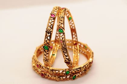 Gold Plated Filigree Work Bangle Set with Ruby and Emerald Stones