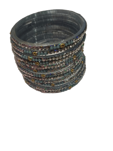 Set of 12 Glass Bangles with Rhinestones in Blue
