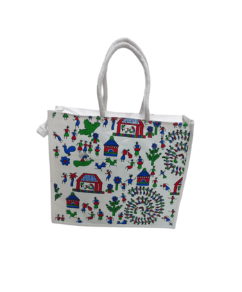 Hand-painted Canvas Tote Bag with Warli Art
