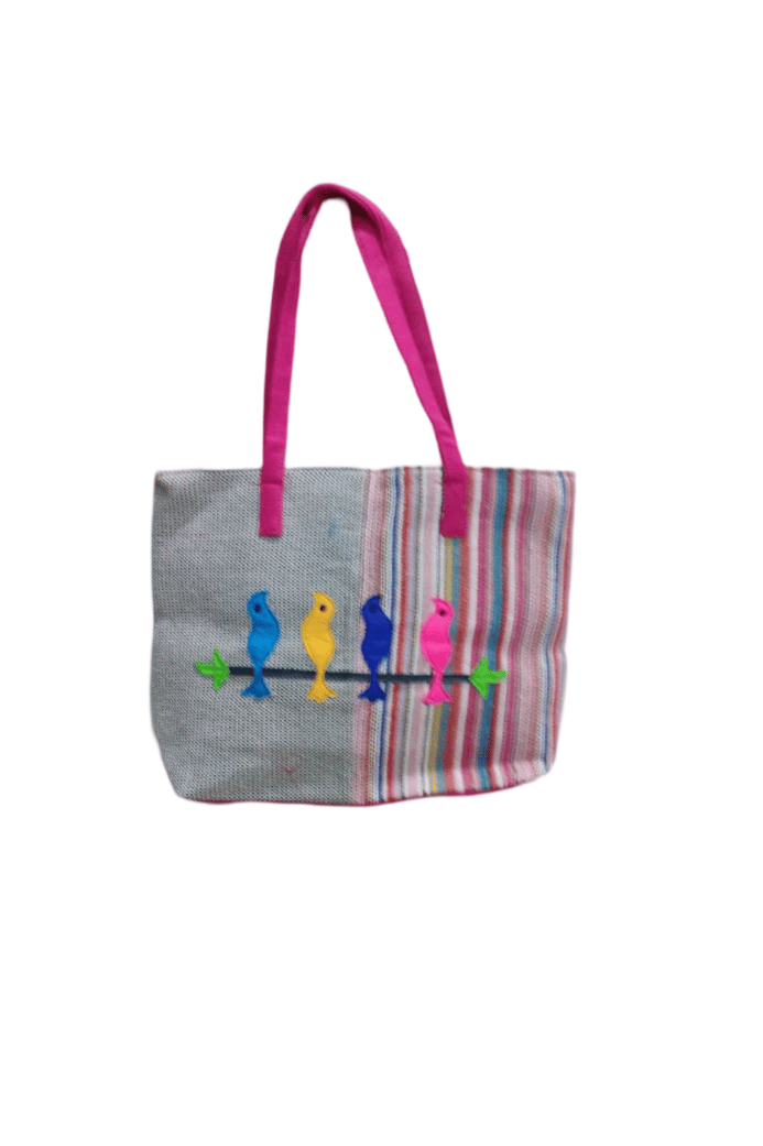 Colorful Hand Embroidered Birds on Jute Tote Bag with Pink Handles