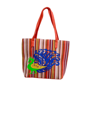 Striped Tote Bag with Embroidered Peacock