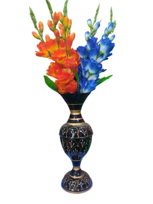 Hand painted metal flower vase with orange and blue flowers
