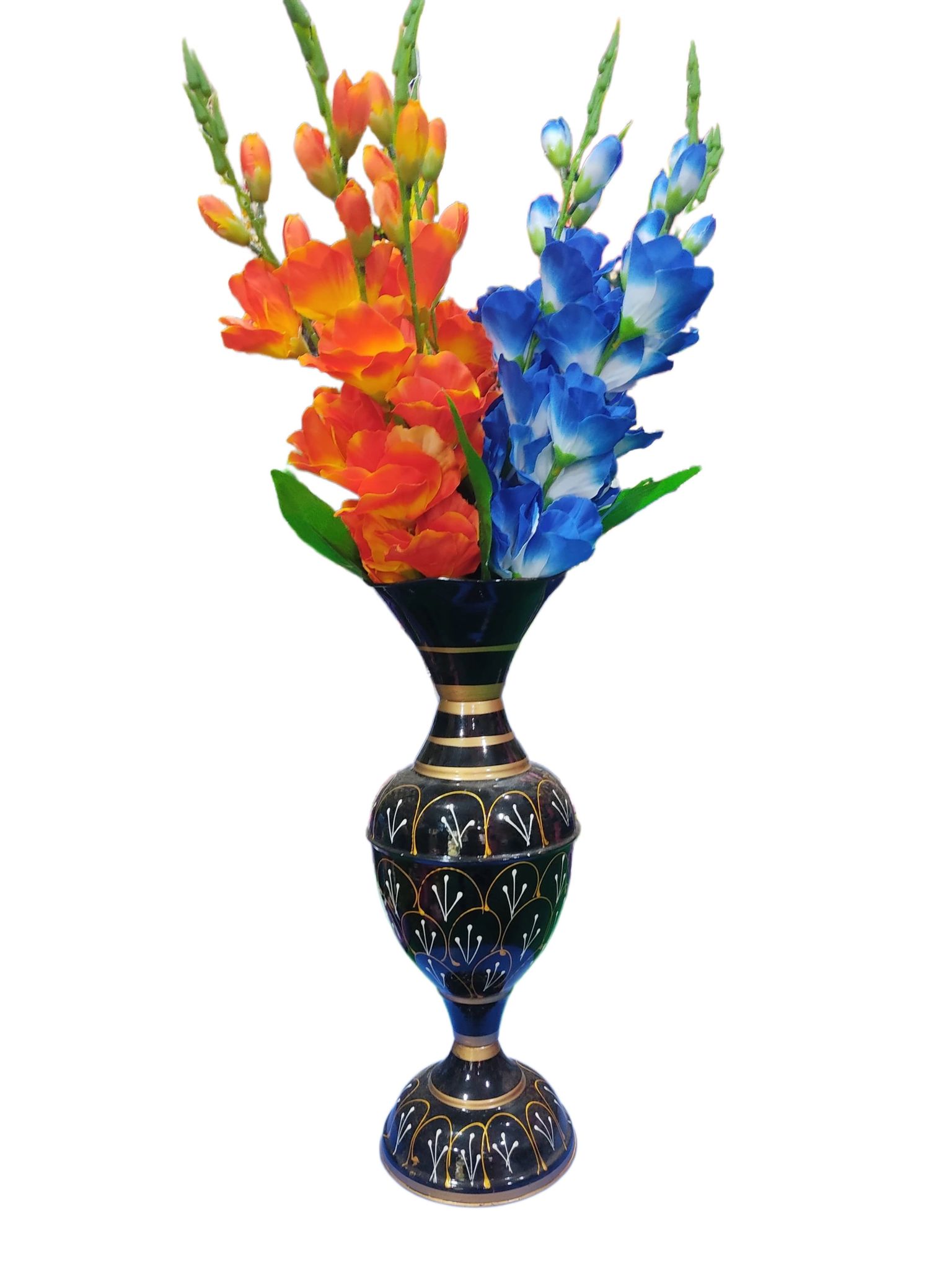 Hand painted metal flower vase with orange and blue flowers