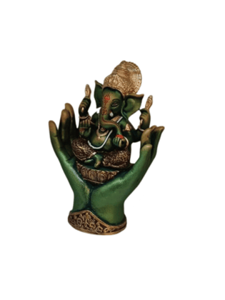 "Green Resin Sitting Ganesha in Hand Sculpture"