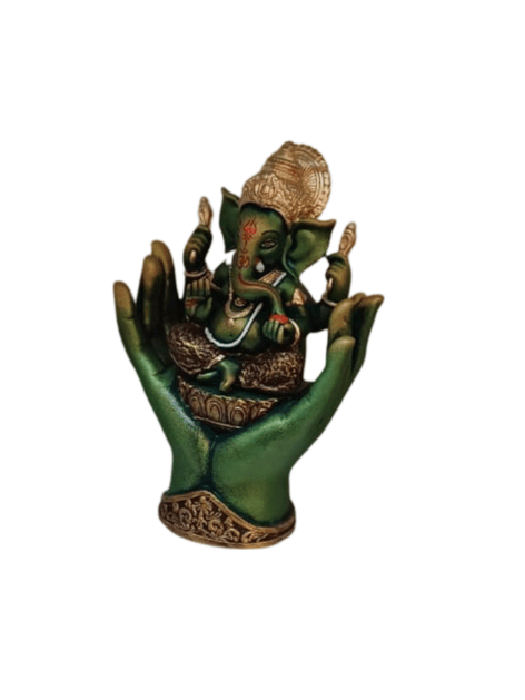 "Green Resin Sitting Ganesha in Hand Sculpture"