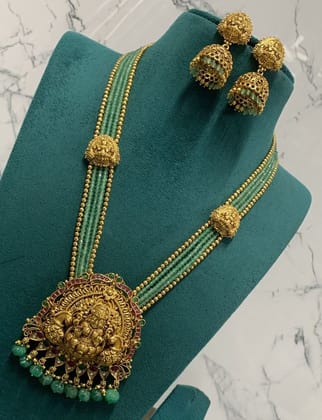 Gold Plated Traditional Indian Temple Jewellery Long Necklace Set with Green Beads
