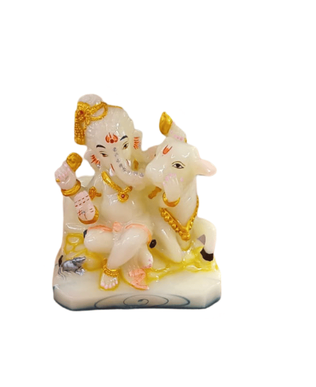 White Marble Statue of Lord Ganesha Sitting on a Cow