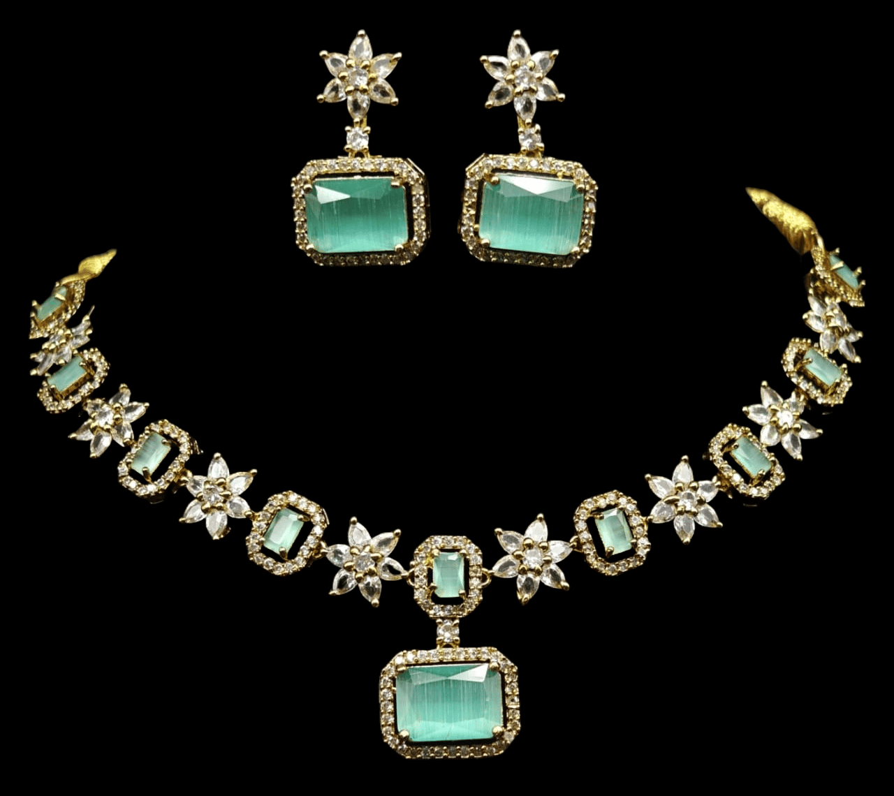 "Stunning Green and White Cubic Zirconia Necklace and Earring Set in Gold Plated Metal"