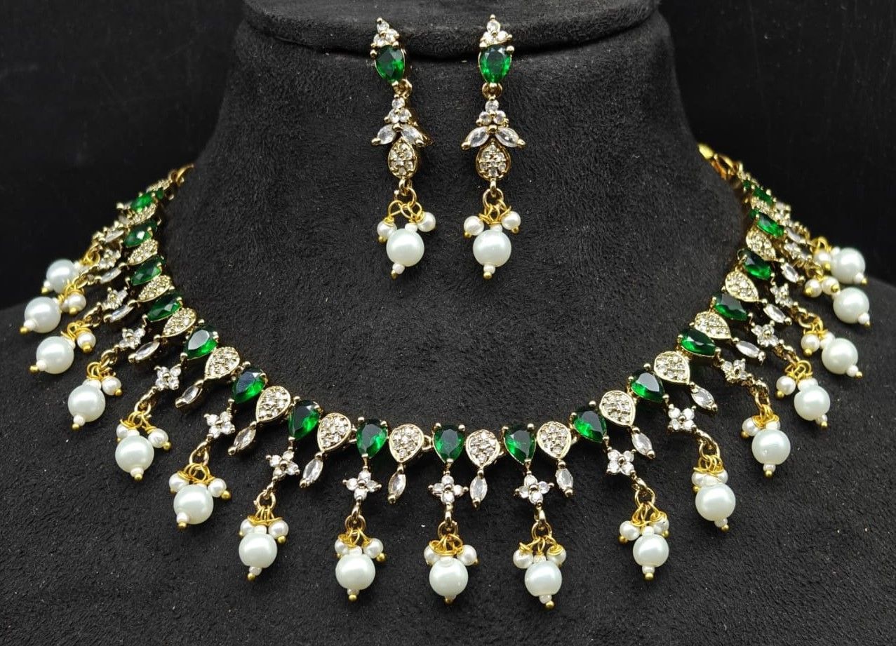 Green and White Pearl and Rhinestone Necklace and Earring Set