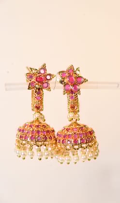 14KT Gold Plated Ruby and Pearl Jhumka Earrings