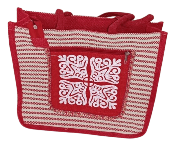 Red and White Striped Jute Tote Bag with Embroidered Flower