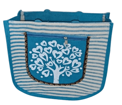 Blue and White Striped Jute Tote Bag with Tree of Life Embroidery