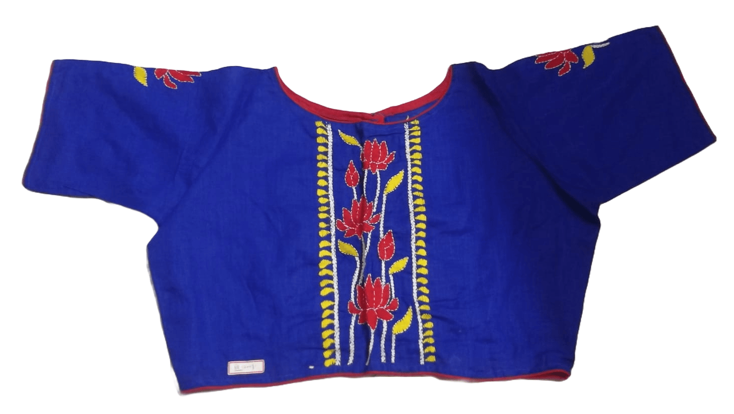Blue cotton blouse with red and yellow floral embroidery