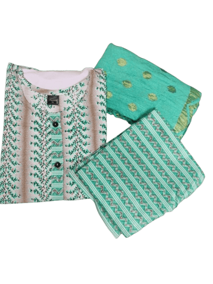 Women's Green Printed Cotton Kurta with Palazzo Pants and Dupatta Set