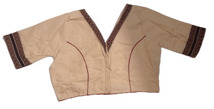 Beige Cotton Saree Blouse with Elbow Sleeves and Maroon Embroidery