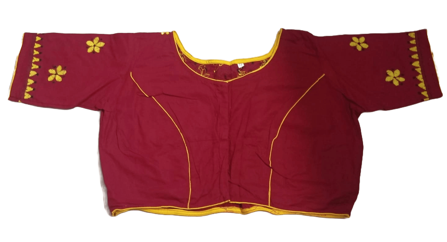Maroon Cotton Hand Embroidered Blouse With Elbow Sleeves