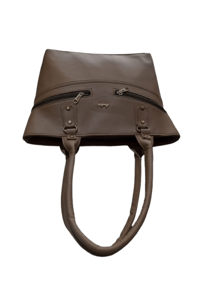 Brown Faux Leather Hand Bag with Double Handles and Zip Closure