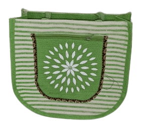 Green and White Striped Hand Embroidered Jute Bag - Handbags | Buy online on ZillyBuy