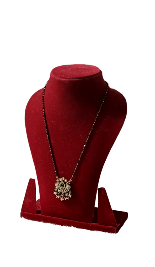 Black Beads Mangalsutra Pendant Necklace with Green Stones and Pearls