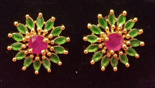Gold Plated Green and Pink Stone Stud Earrings