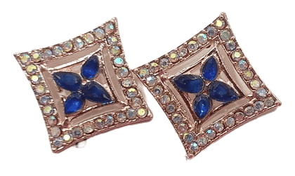 "Stunning Royal Blue Crystal Flower Earrings in Rose Gold Plated Setting"