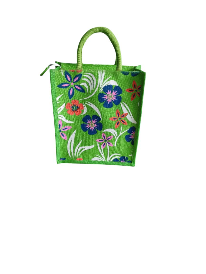 Green Floral Jute Lunch Bag