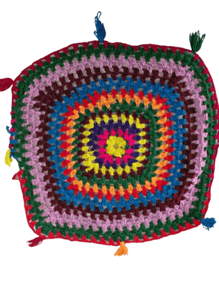 Handmade colorful crochet cushion cover with tassels