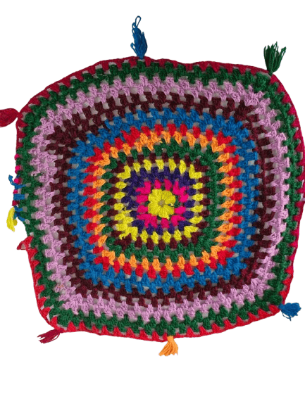 Handmade colorful crochet cushion cover with tassels