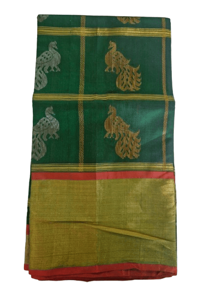 Green and gold zari woven soft silk saree with peacock motifs