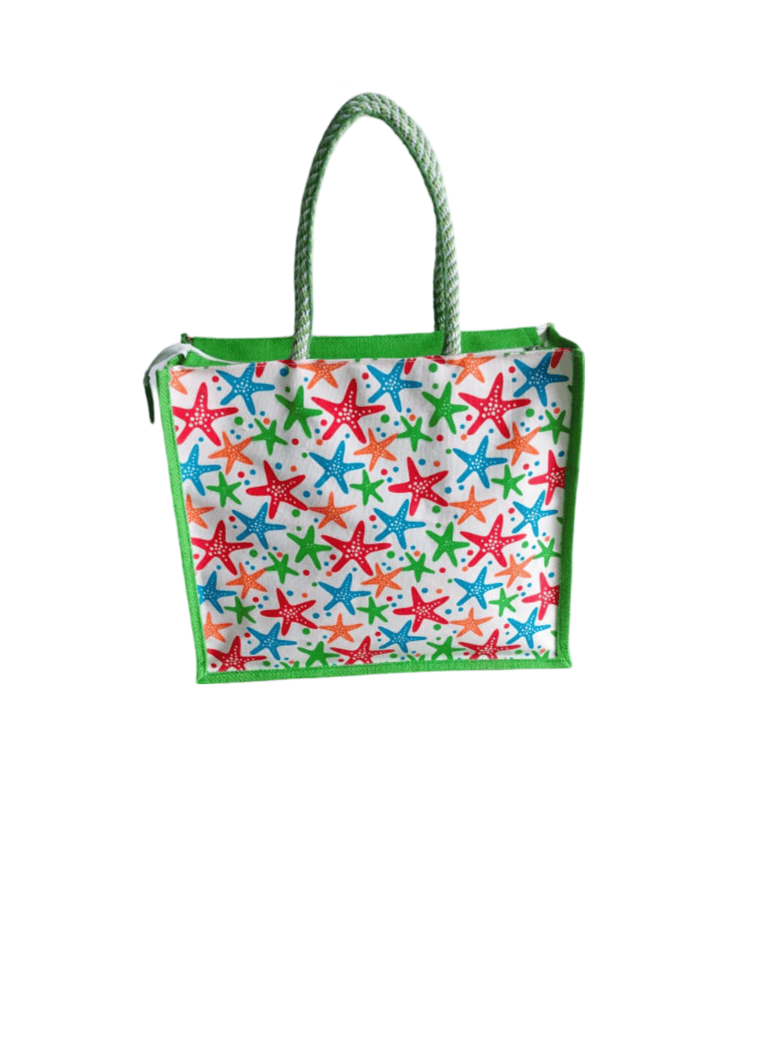 Colorful starfish printed jute tote bag with green border