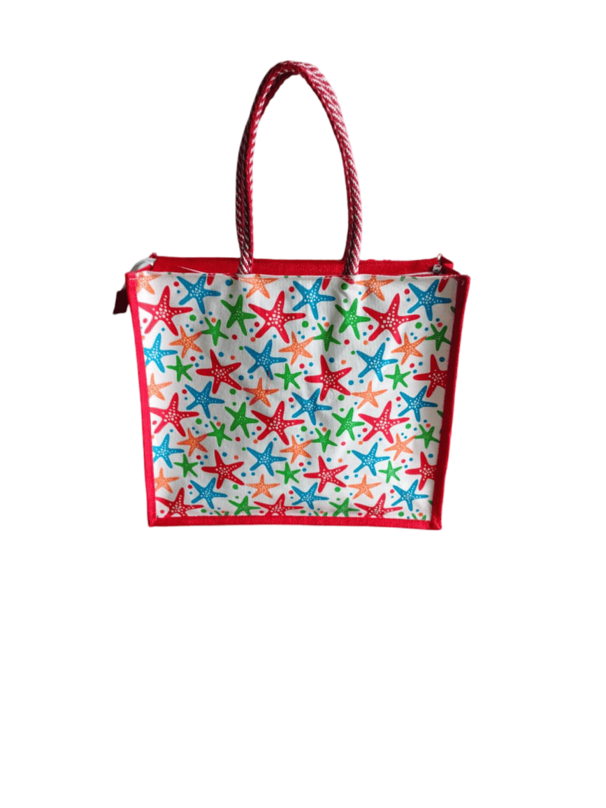 Red starfish printed jute tote bag