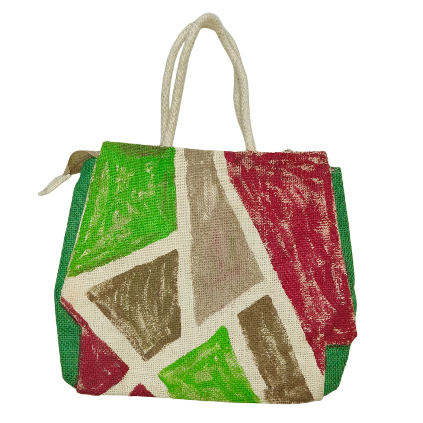Hand-painted jute tote bag with green, red, and brown geometric design